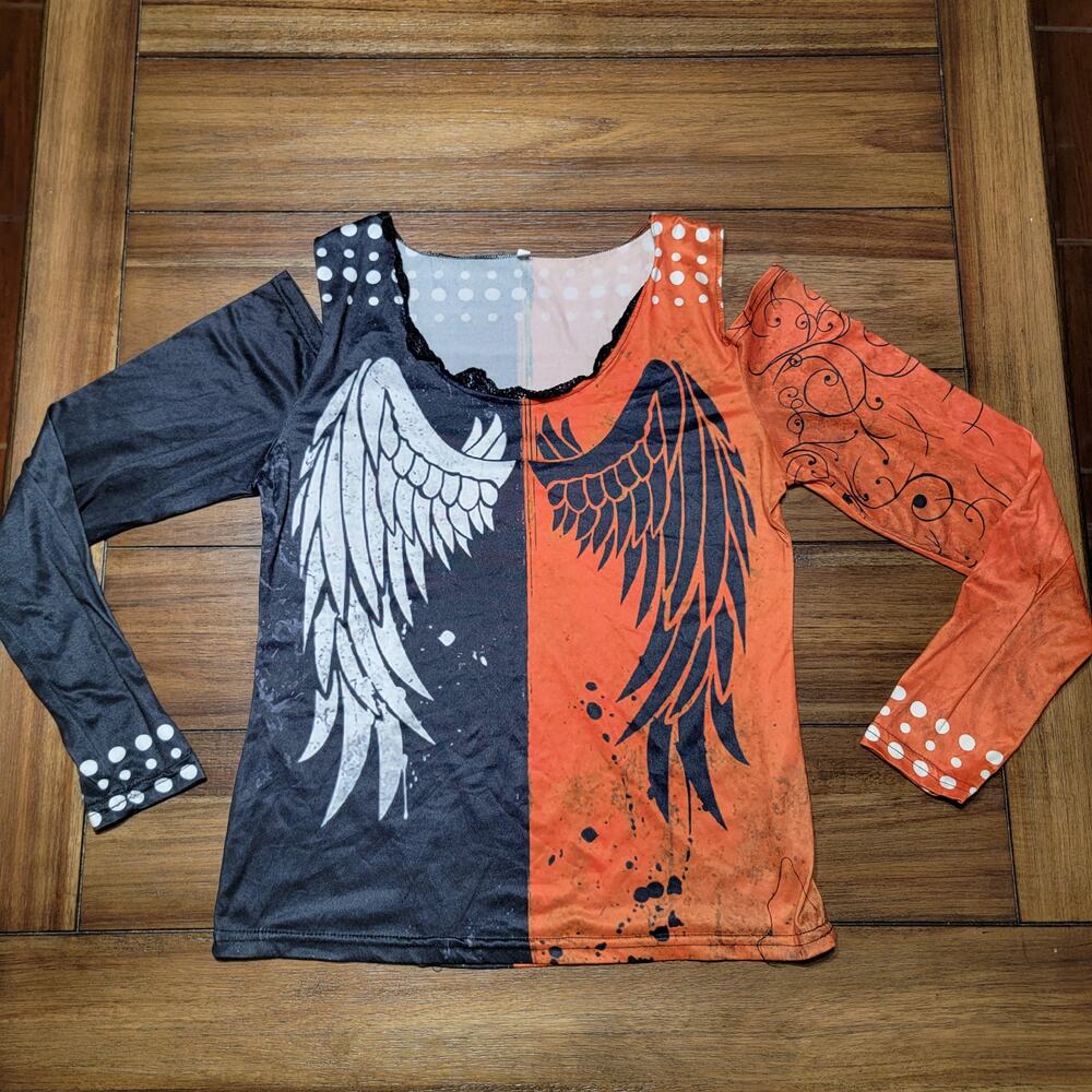 Unbranded LS Orange & Black Blouse w/ Wings - Size Small
